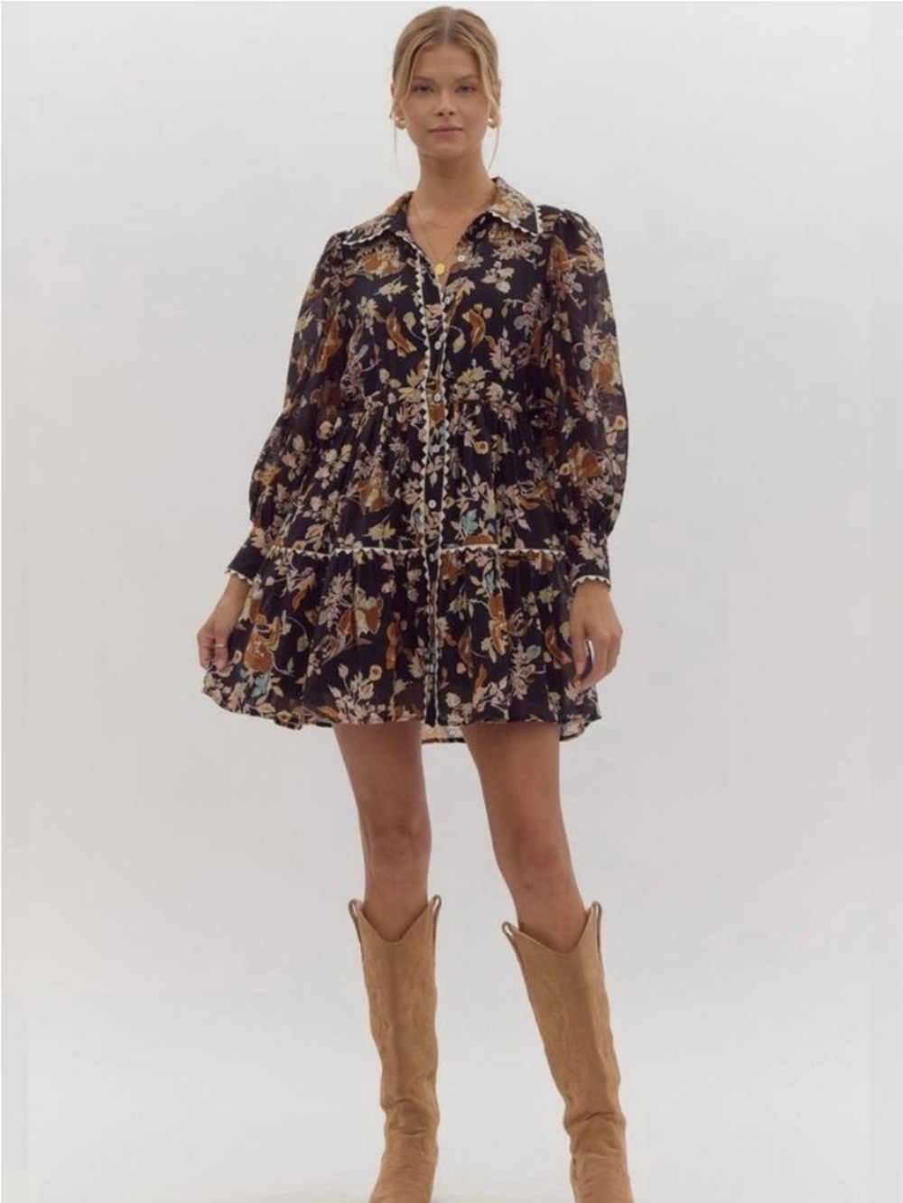 Entro NWOT Floral Tiered Long-Sleeve Mini Dress in Black and Brown
